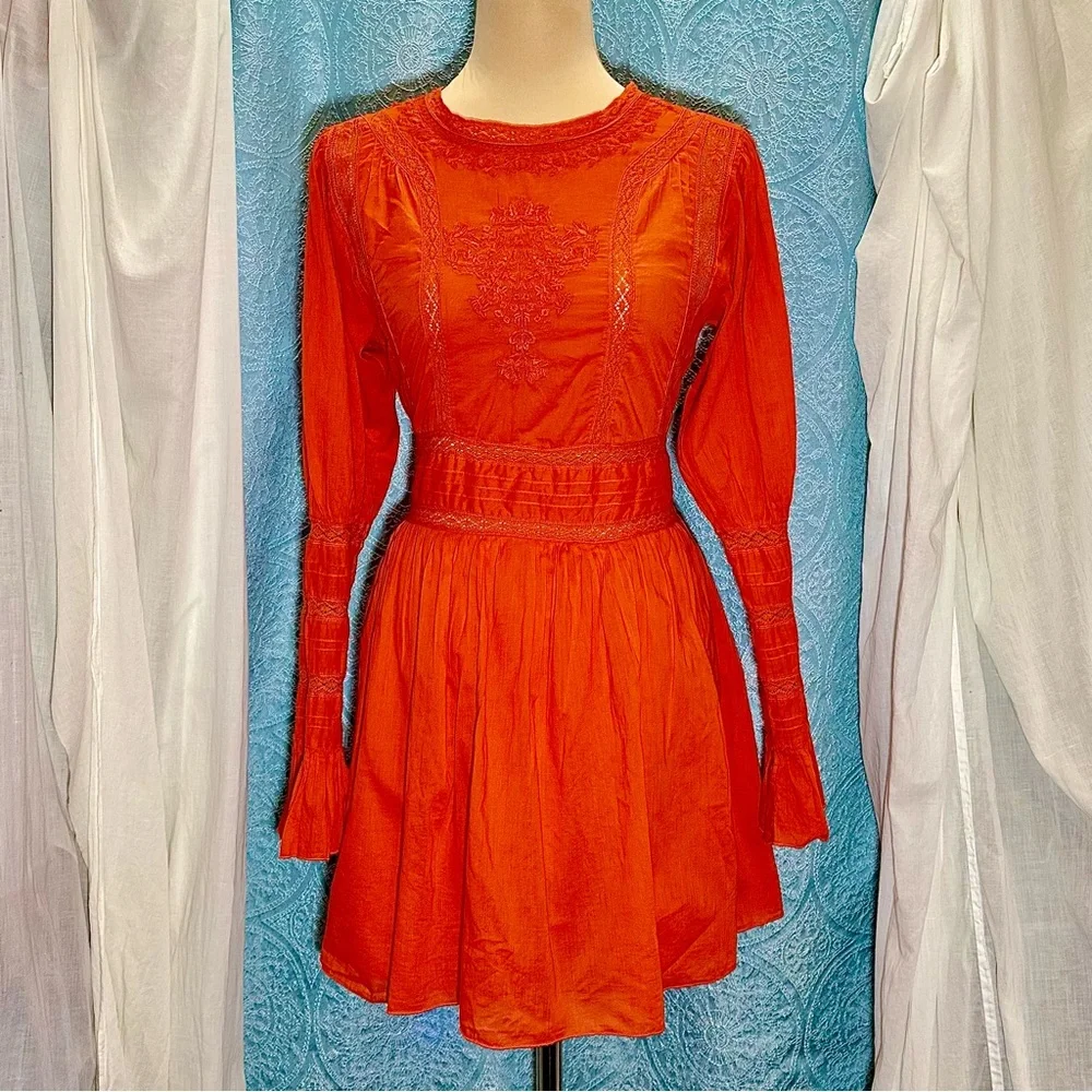 Free People Victorian Waisted Lace Inset and Embroidered Mini Dress Sz S/M - Picture 3 of 10
